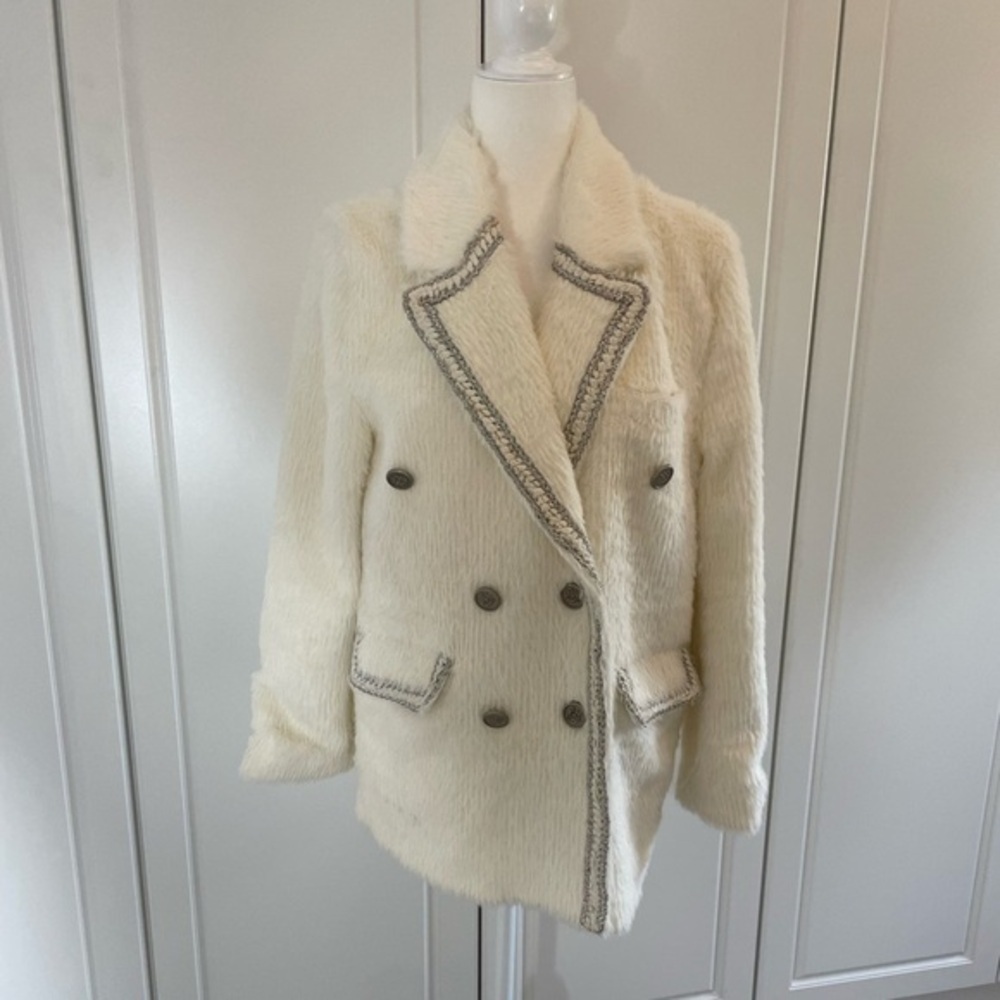 Fuzzy Double Breast White Coat With Metallic Threads & Silver Stamped Buttons - Picture 13 of 14